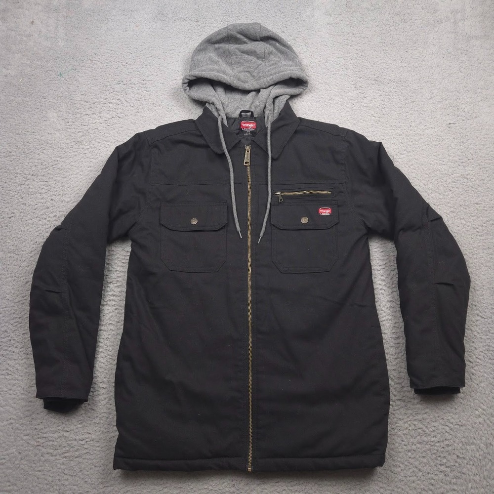Wrangler Jacket Men's Sz Small Black Canvas Hooded Work Quilted Lining
